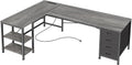 Huuger 55 Inch L Shaped Desk with Fabric Drawers, Reversible Computer Gaming Desk with Power Outlets and USB-C Port, Adjustable Side Storage Shelves, for Work Study Corner Home Office, Grey,1CD078H