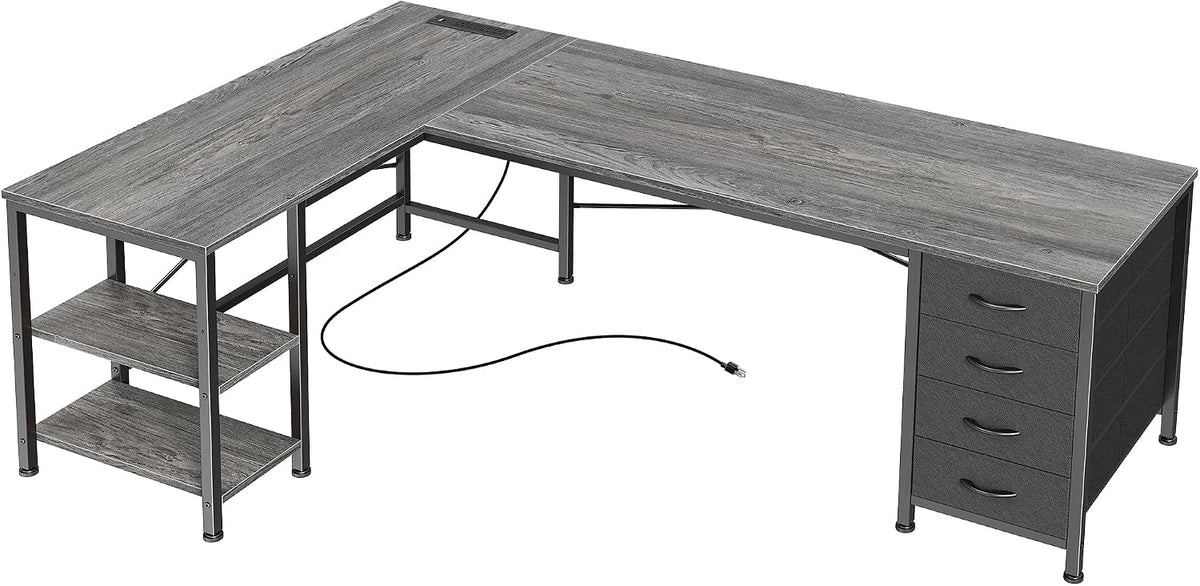 Huuger 55 Inch L Shaped Desk with Fabric Drawers, Reversible Computer Gaming Desk with Power Outlets and USB-C Port, Adjustable Side Storage Shelves, for Work Study Corner Home Office, Grey,1CD078H