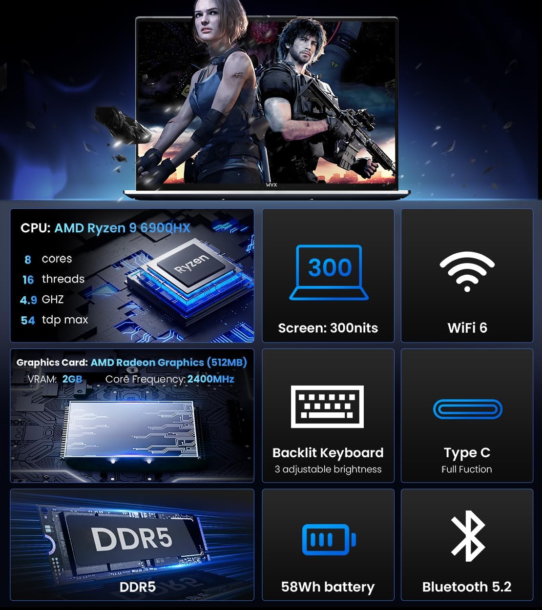Gaming Laptop AMD Ryzen 9 6900HX (4.9Ghz 8C 16T) Graphics AMD Radeon 680M (＞1050Ti) 16 Inch FHD Computer 16GB RAM 512GB SSD WiFi 6 Bluetooth 5.2 DDR5 58Wh Battery