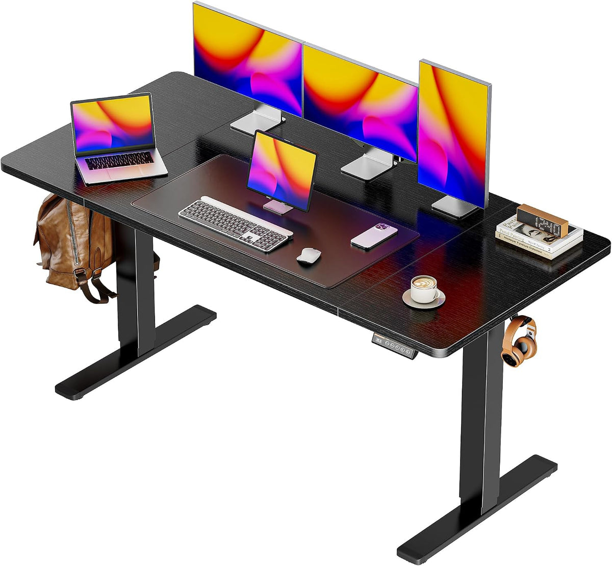 Huuger 55 x 28 Large Electric Standing Desk, Height Adjustable Computer Desk, 27.6' Deep Desktop, Stand up Gaming Office Table with 2 Hooks, 3 Preset Heights, for Home Office, Black