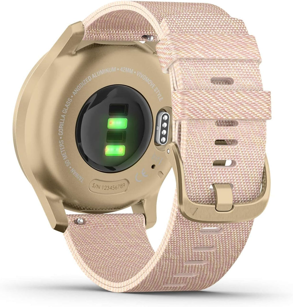 Garmin vivomove Style, Hybrid Smartwatch with Real Watch Hands and Hidden Color Touchscreen Displays, Gold with Pink Woven Nylon Band (Renewed)