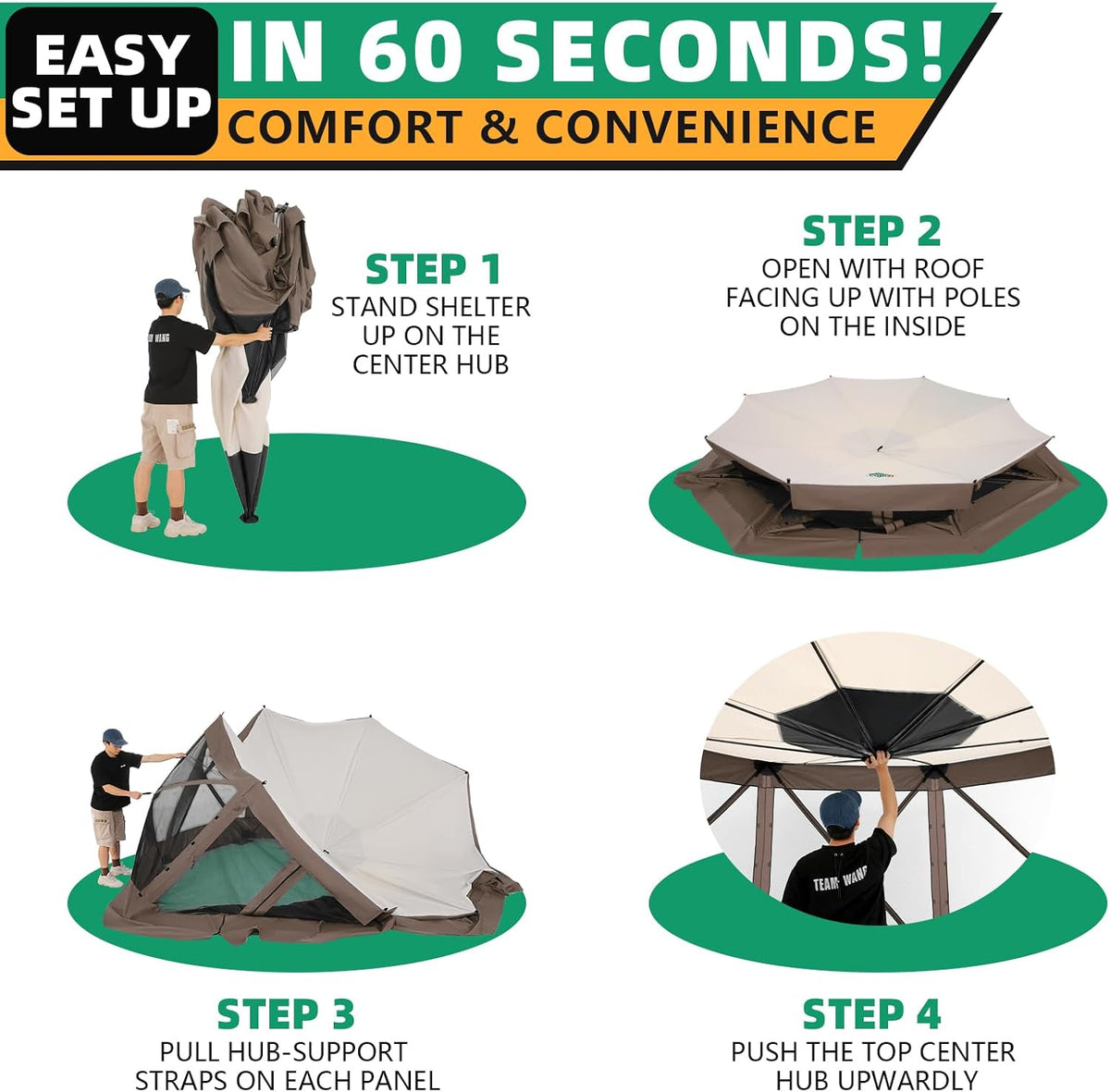 COBIZI 15x15FT Pop Up Gazebo Screen Tent Screen House for Camping, Screen Room with Mosquito Netting, Hub Tent Instant Screened Canopy with Carrying Bag and Ground Stakes, Brown