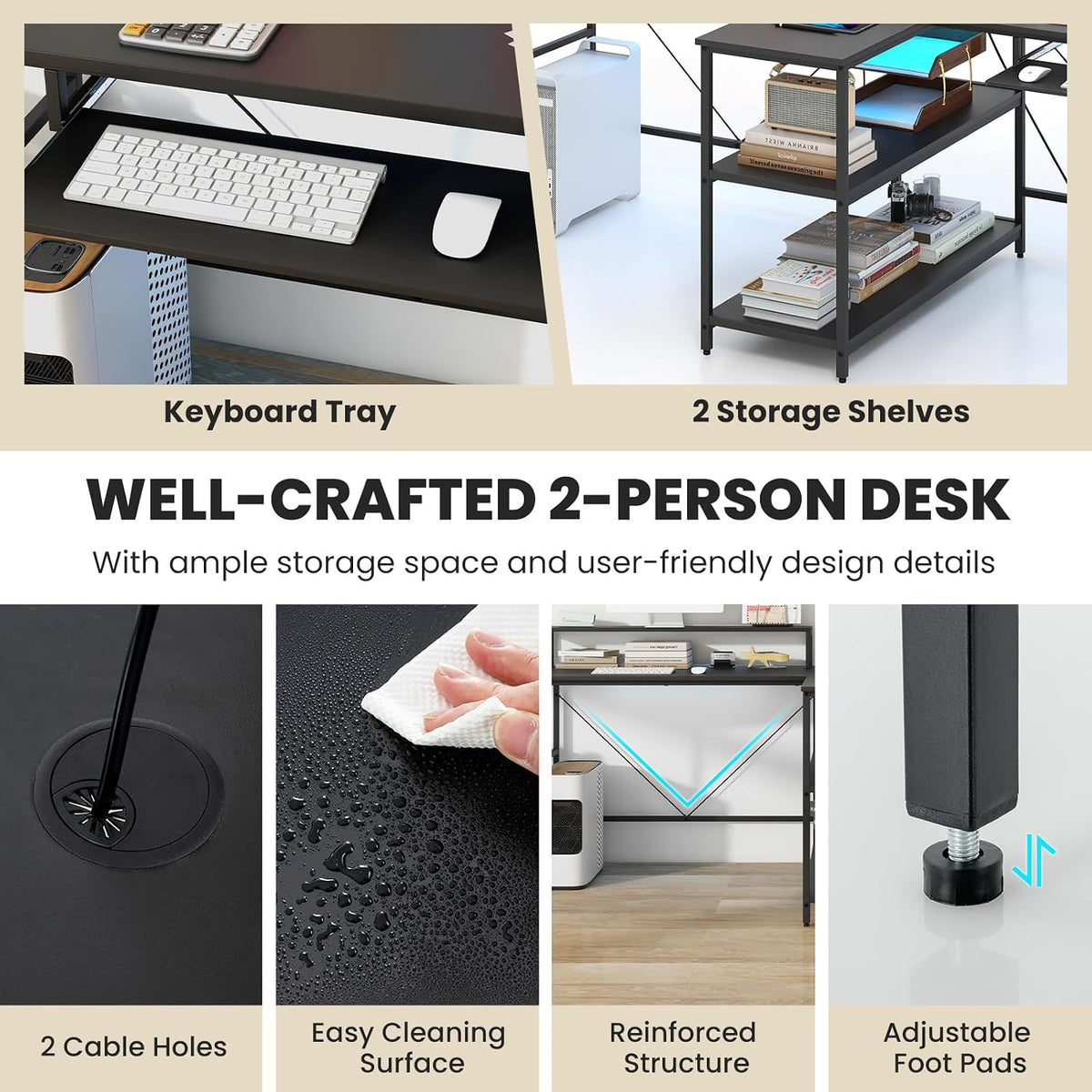 Tangkula 2-Person Reversible Computer Desk with LED Lights, 94.5' Long Office Desk with Power Outlets, Monitor Stand, Keyboard Tray & 2 Storage Shelves, Double Desk for Gaming Working Writing (Black)