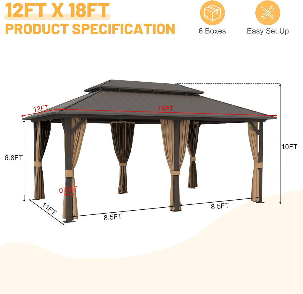 12x18 ft Hardtop Gazebo Outdoor Aluminum Patio Gazebo Double Roof Galvanized Steel Canopy with Netting and Curtains for Garden, Backyard, Deck and Lawns.