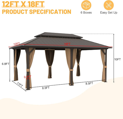 12x18 ft Hardtop Gazebo Outdoor Aluminum Patio Gazebo Double Roof Galvanized Steel Canopy with Netting and Curtains for Garden, Backyard, Deck and Lawns.