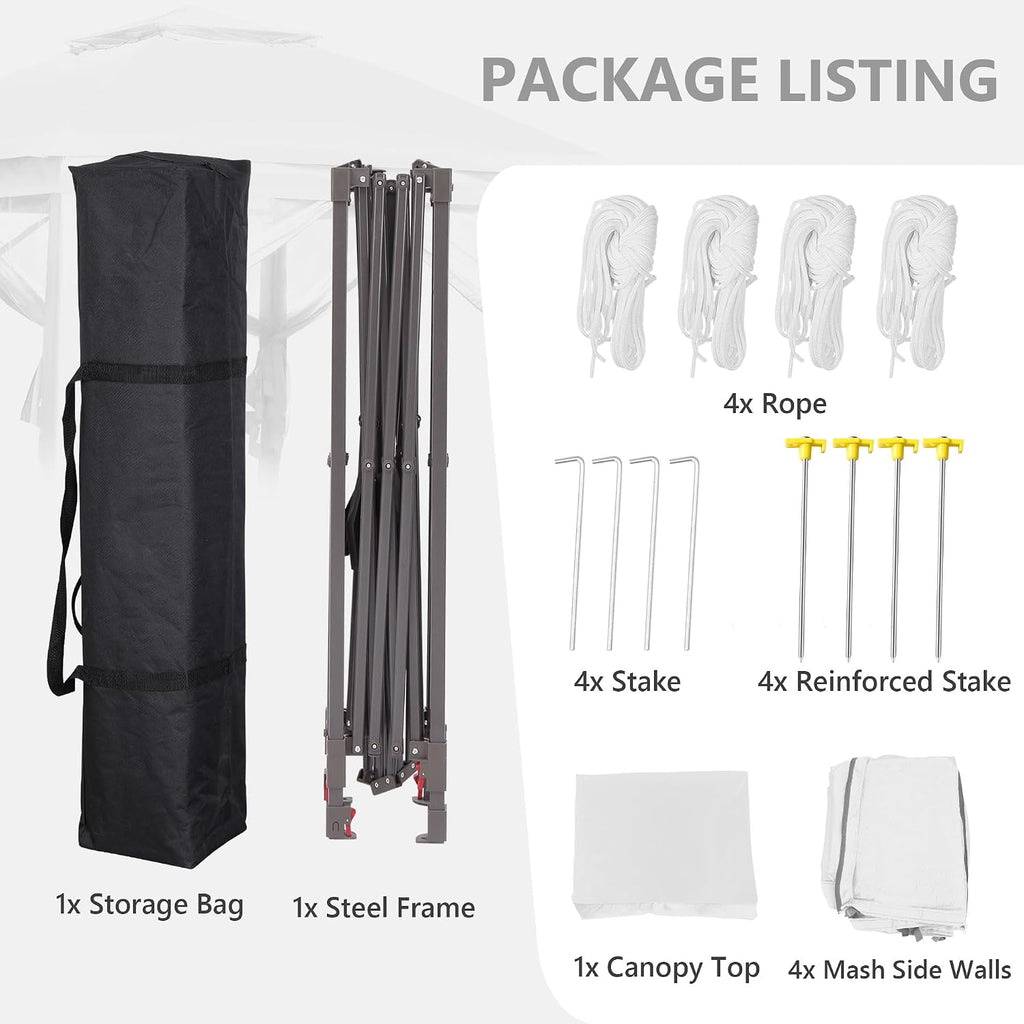 GDY 11x11 Pop Up Canopy Tent, Outdoor Canopy with Netting, Outdoor Gazebo for Backyard, Tent with Hand Bag, White.