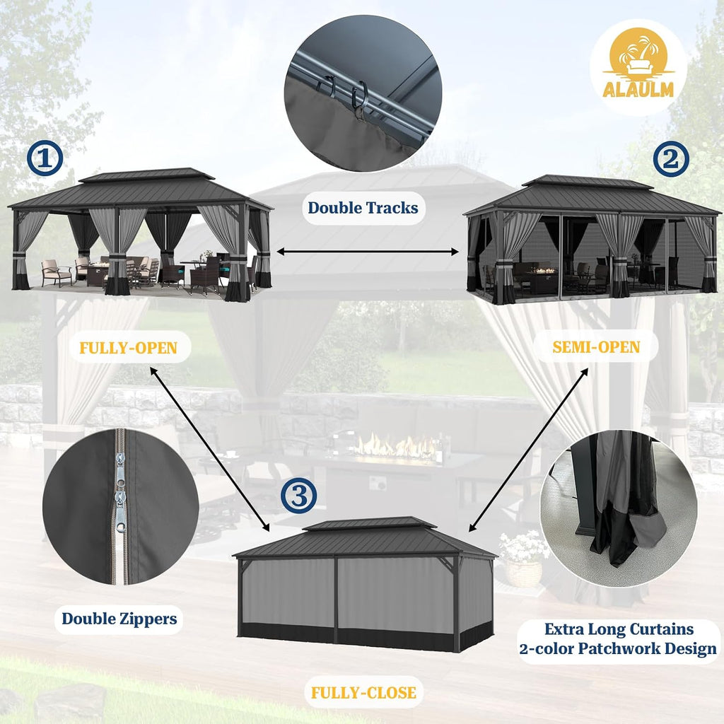 ALAULM 12'x20' Hardtop Gazebo, Outdoor Double Roof Canopy with Netting and Curtains, Galvanized Metal Frame, Sunshade for Patio, Backyard, Deck and Lawns-Gray