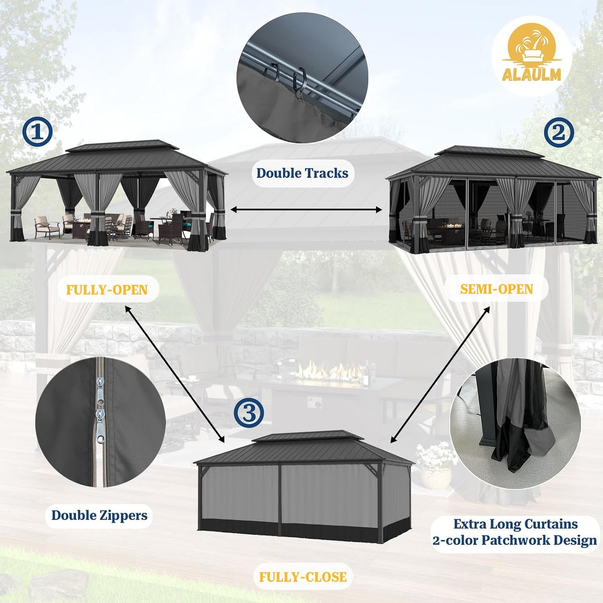 ALAULM 12'x20' Hardtop Gazebo, Outdoor Double Roof Canopy with Netting and Curtains, Galvanized Metal Frame, Sunshade for Patio, Backyard, Deck and Lawns-Gray
