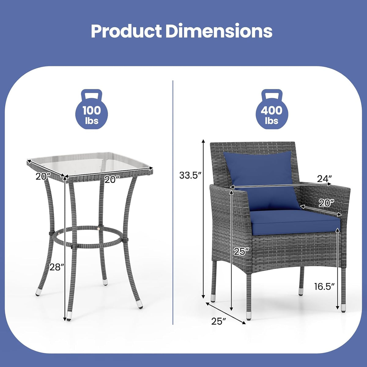 KOTEK 3 Pieces Patio Furniture Set, PE Rattan Outdoor Conversation Set with Tempered Glass Table & Soft Cushions, Wicker Bistro Set for Garden, Porch, Balcony (Navy)