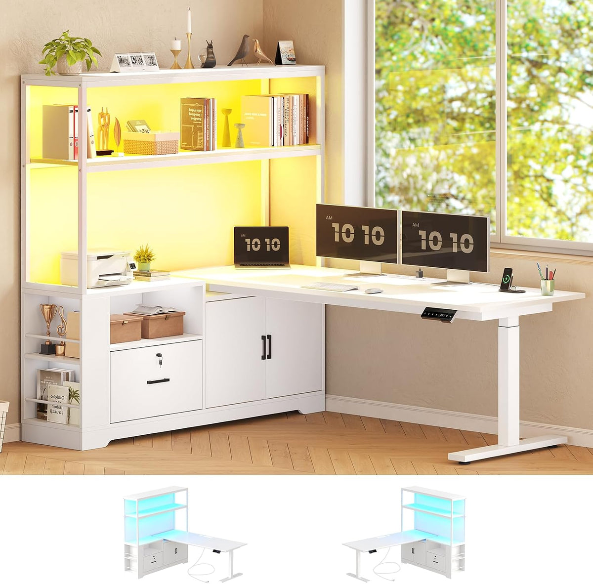 SEDETA 56.7' L Shaped Standing Desk, Reversible Computer Office Desk with Drawers & Hutch, Stand Up Corner Gaming Desks with LED Lights & Power Outlets for Home Office, White