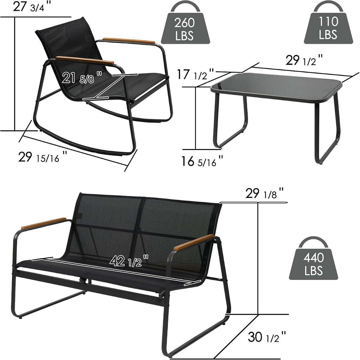 Kozyard 4-Piece Outdoor Patio Furniture Set with Textilene Chairs, Metal Conversation Set, Tempered Glass Coffee Table, Powder-Coated Steel Frame for Garden, Poolside, Backyard Black