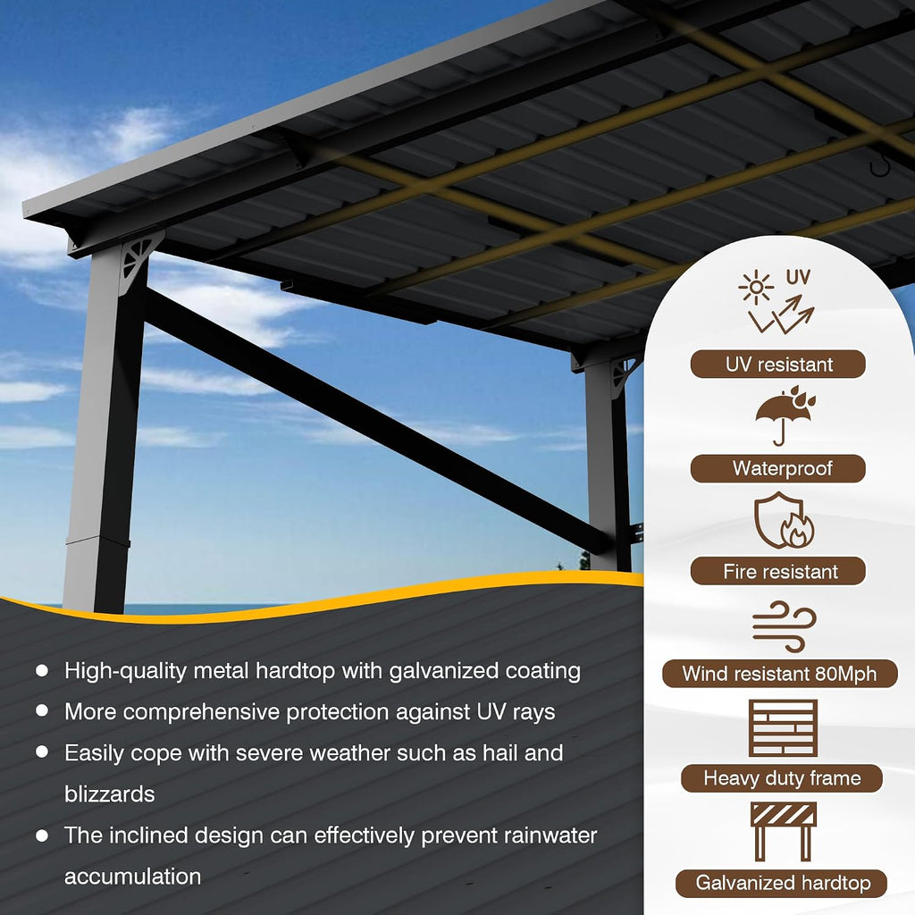 EBE 10' x 8' Outdoor Lean to Gazebo, Hardtop Wall Mounted Pergola with Sloping Galvanized Steel Roof, Lean to Metal Pergola and Gazebo Clearance for Patio, Deck, Backyard