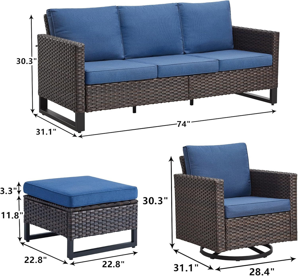 Luxury Wicker Outdoor Patio Furniture Set of 5 - 5 Piece Patio Conversation Set with 2 Swivel Rocker Chairs,2 Rattan Ottoman and 1 Couch for Outside Porch Deck Backyard Garden(Light Grey/Sky Blue)