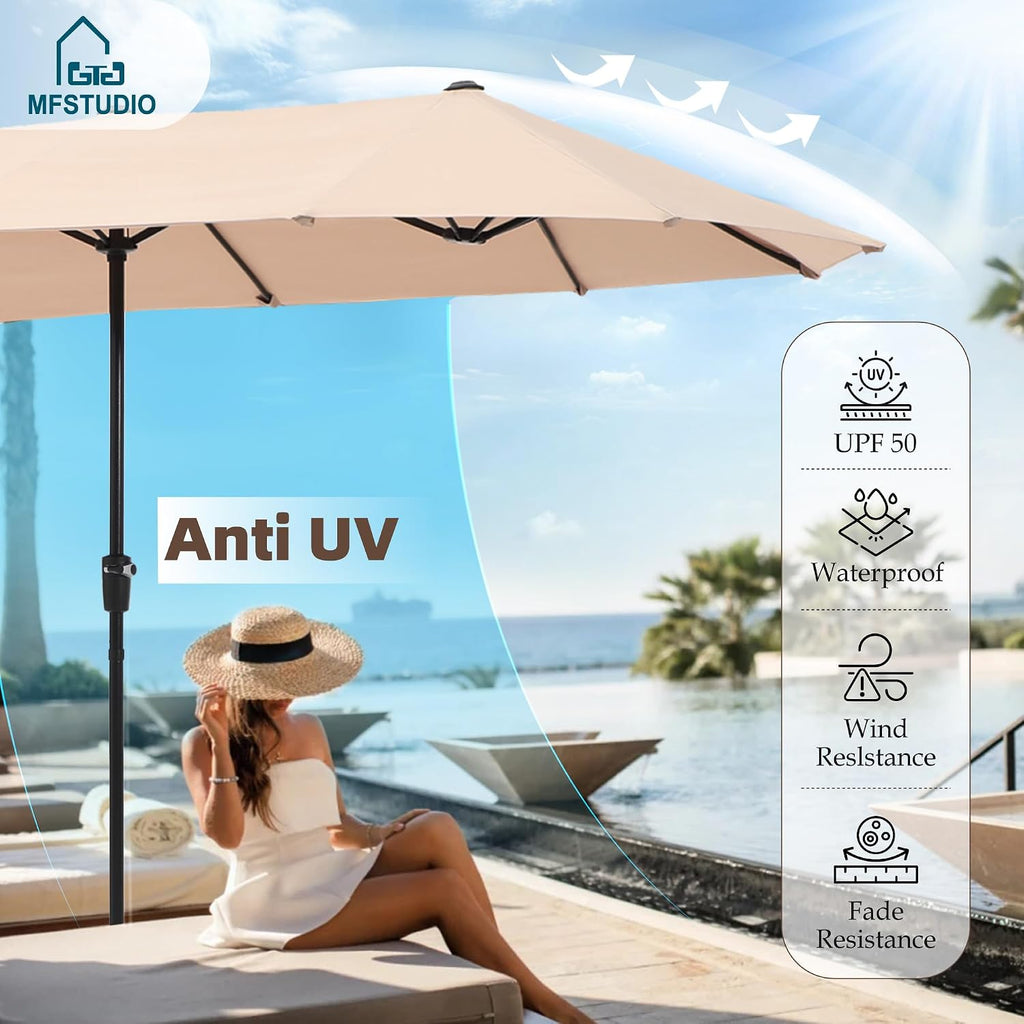 MFSTUDIO Patio Dining Set for 6, Outdoor Furniture Set with Beige Umbrella (Base not Included), Rectangle Metal Table and 6 Swivel Chairs for Patio, Deck, Backyard, Garden