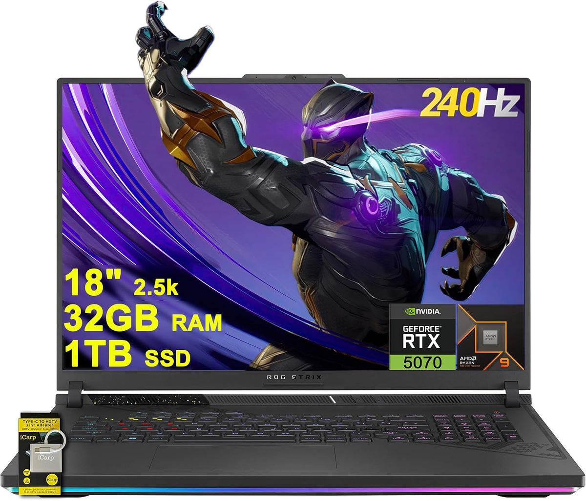 ASUS ROG Strix G18 G814 Gaming Laptop 18' 2.5k (2560x1600) 240Hz (100% DCI-P3, 3ms) AMD 16-core Ryzen 9 9955HX (Beats i9-14900HX) 32GB RAM 1TB SSD GeForce RTX 5070 RGB Backlit WiFi6E Win11 ICP Hub