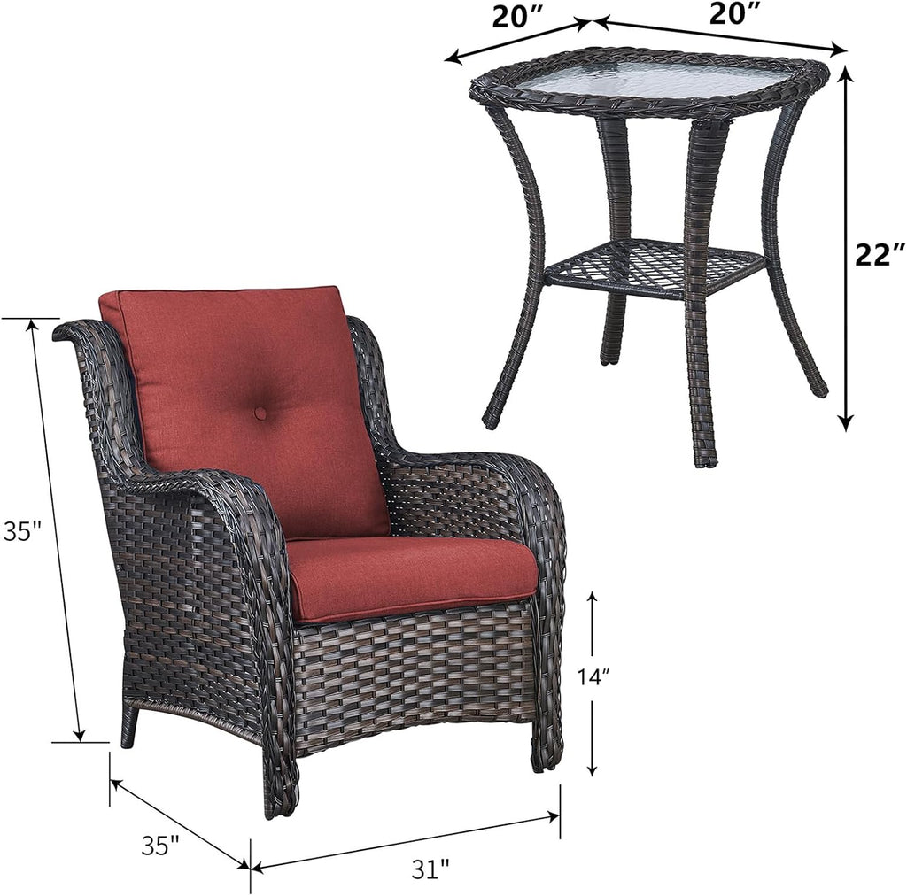 Rilyson Patio Bistro Set Outdoor Chairs - 3 Piece Wicker Rattan Patio Furniture Set with 2 Armrest Chair and 1 Side Table for Proch Deck Garden Backyard Balcony(Brown/Red)