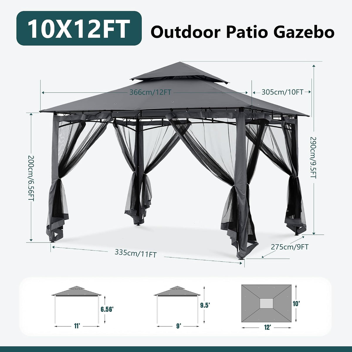 MASTERCANOPY Outdoor Garden Gazebo for Patios with Stable Steel Frame and Netting Walls (10x12,Dark Gray)