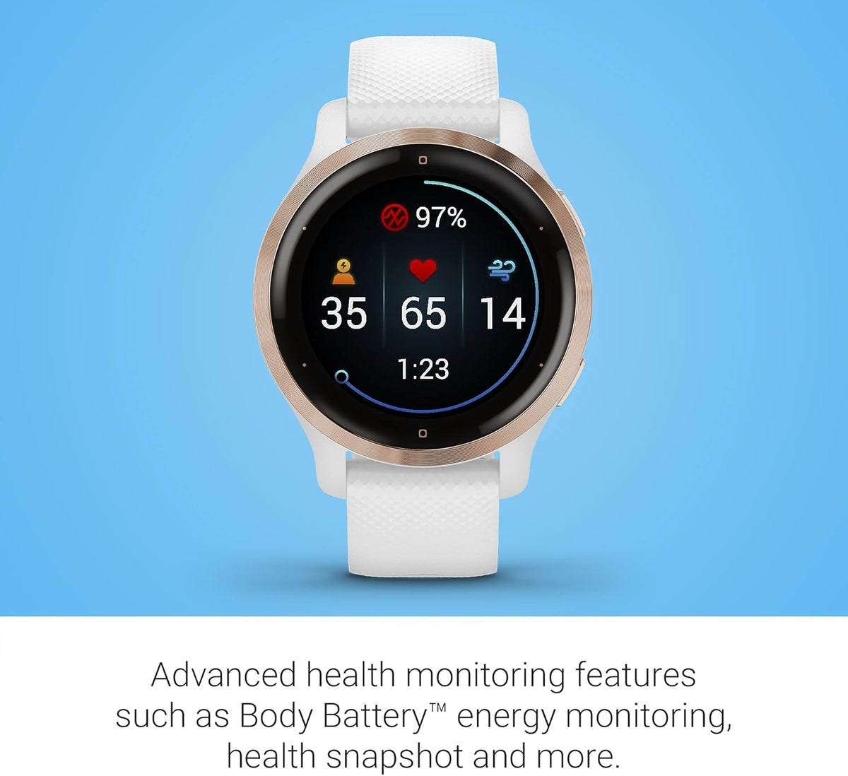 Garmin Venu 2S, Smaller-Sized GPS Smartwatch with Advanced Health Monitoring and Fitness Features, Rose Gold Bezel with White Case and Silicone Band, (010-02429-03)