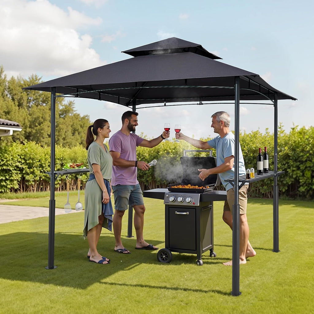 VEVOR Grill Gazebo, 8 x 5 ft Reinforced Outdoor BBQ Gazebo with Double-Tiered Roof, Powder-Coated Steel Patio Grill Shelter with 2 Side Shelves & 8 Hooks, Grilling Canopy for Patio Backyard Garden
