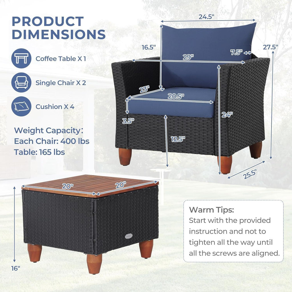 LDAILY Patio 3 Pieces Patio Furniture Set, PE Rattan Outdoor Wicker Sofa Chair with Washable Cushion & Wood Storage Table, Patio Conversation Set for Porch, Yard, Garden (Navy)