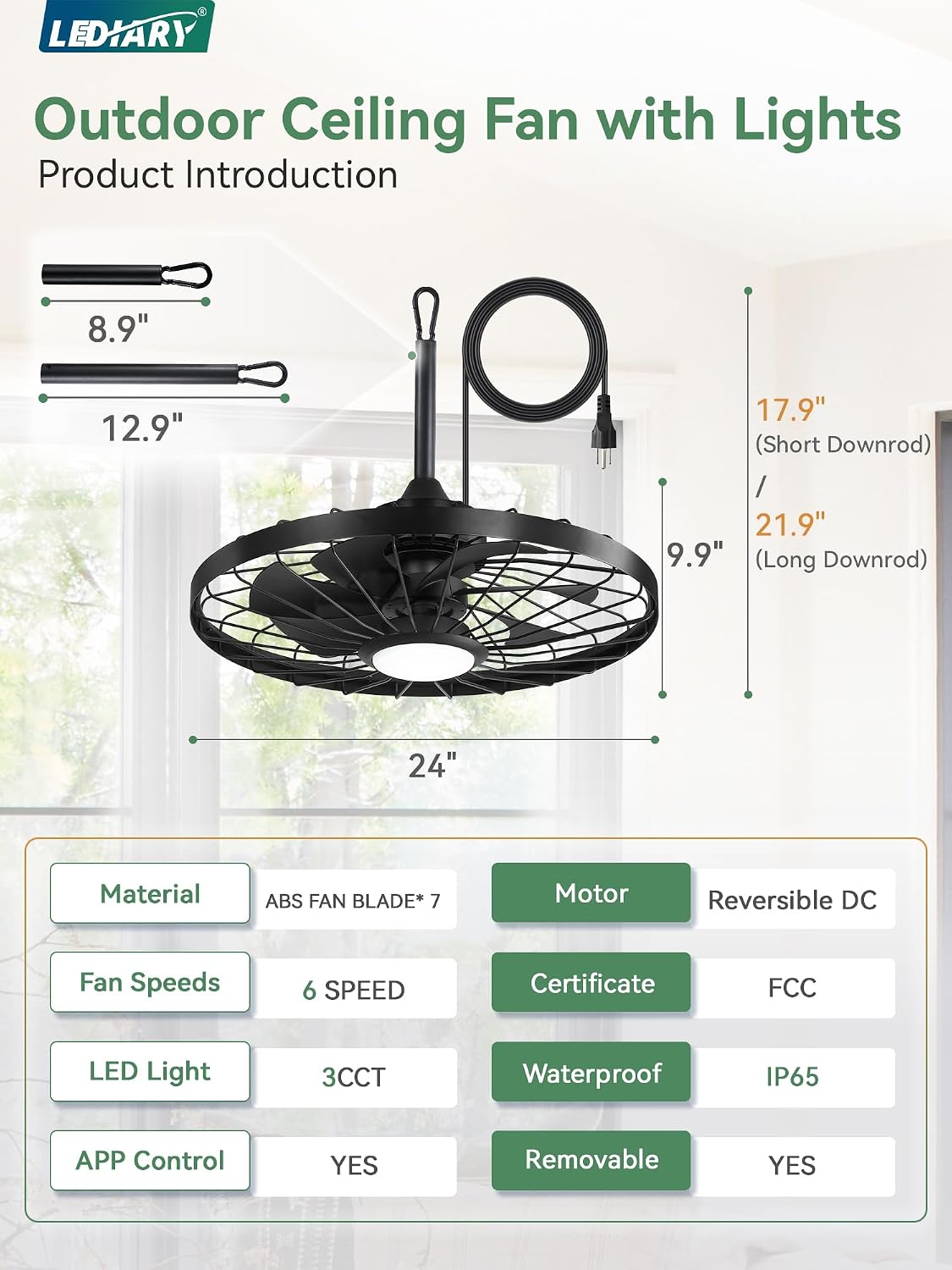 LEDIARY 24' Outdoor Ceiling Fan with Lights,IP65 Waterproof Gazebo Hanging Fan with Remote Control Smart App, Plug in Caged Ceiling Fan with 3CCT 6-Speeds for Patio Porch Pergola(Black)