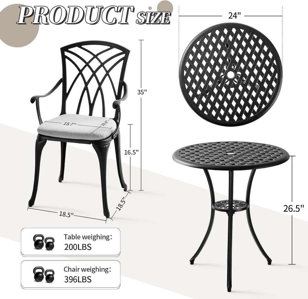 Patio Bistro Sets Cast Aluminum Bistro Table and Chairs Set of 2 with Umbrella Hole,Outdoor Bistro Set with Cushion for Yard (BLACK1)