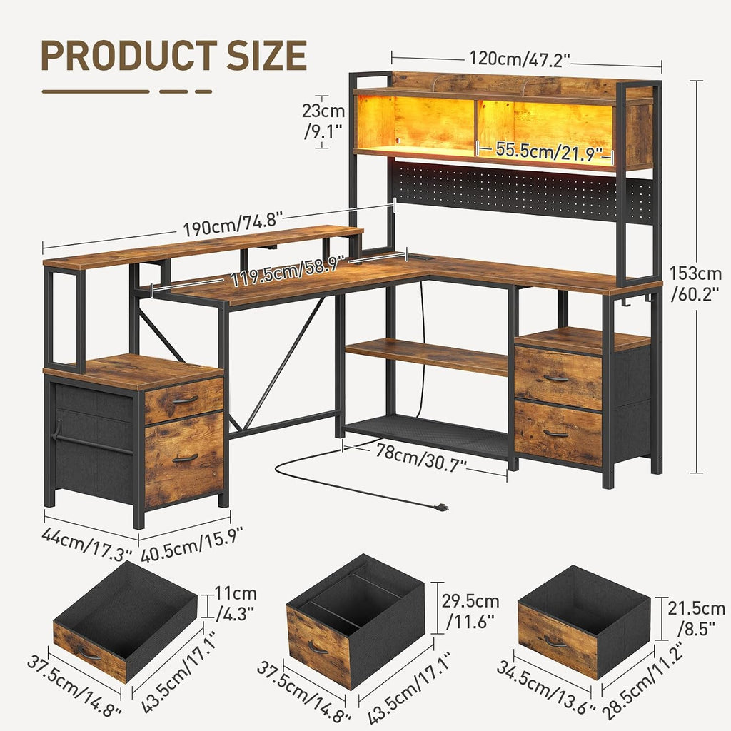 RALGEND 75' L Shaped Gaming Desk with Hutch, L Shaped Desk with Drawers, LED Light, Power Outlets & Pegboard, Corner Desk with Storage Shelves & Monitor Stand for Home Office, Rustic Brown and Black
