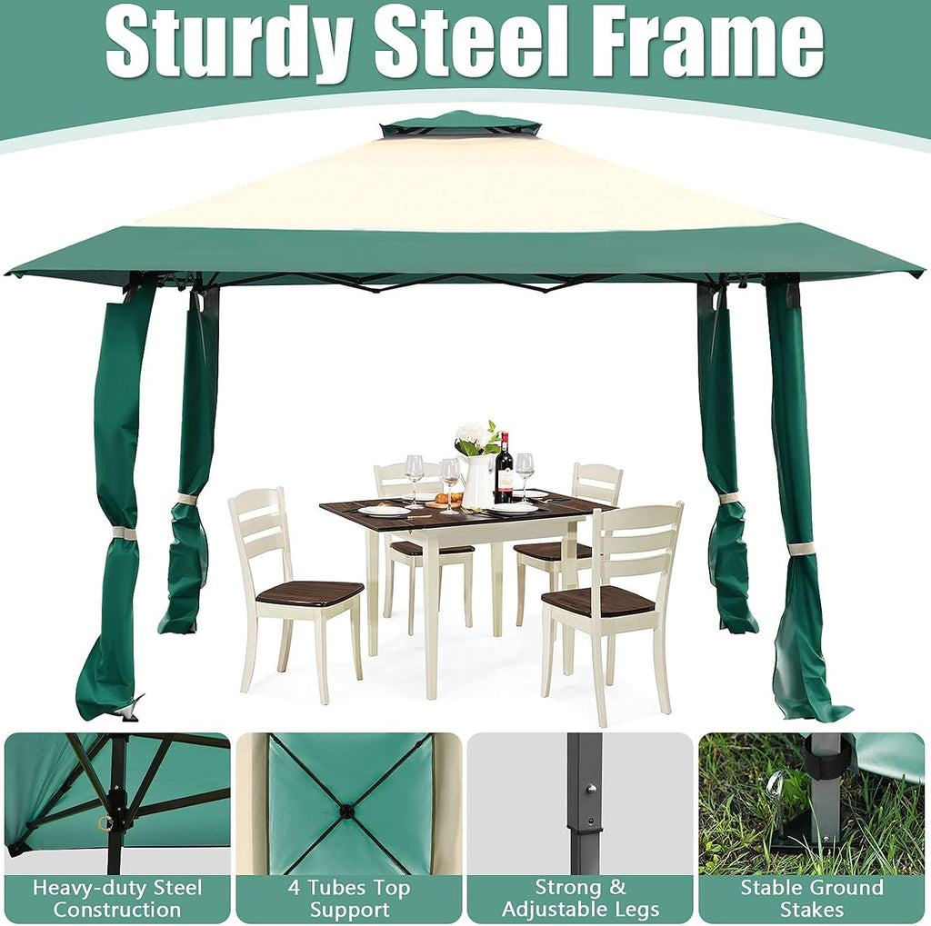 Tangkula 13 x13Ft Pop-Up Gazebo, Outdoor Canopy Shelter w/ 2-Tier Roof, Corner Curtains & 3 Adjustable Heights, Patio Gazebo with 169 Sq.Ft of Shade for Yard, Patio, Beach & Park (Green)