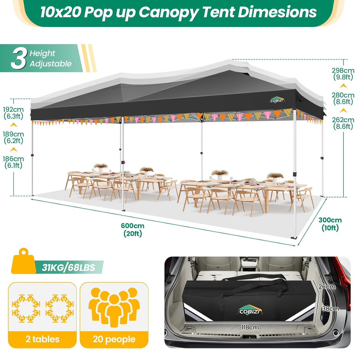 COBIZI Canopy 10x20 Pop Up Canopy Tent with 6 Sidewalls, One Push Party Tents for Parties Outdoor Wedding Waterproof Gazebo Commercial Event Tent with Sandbags, Black