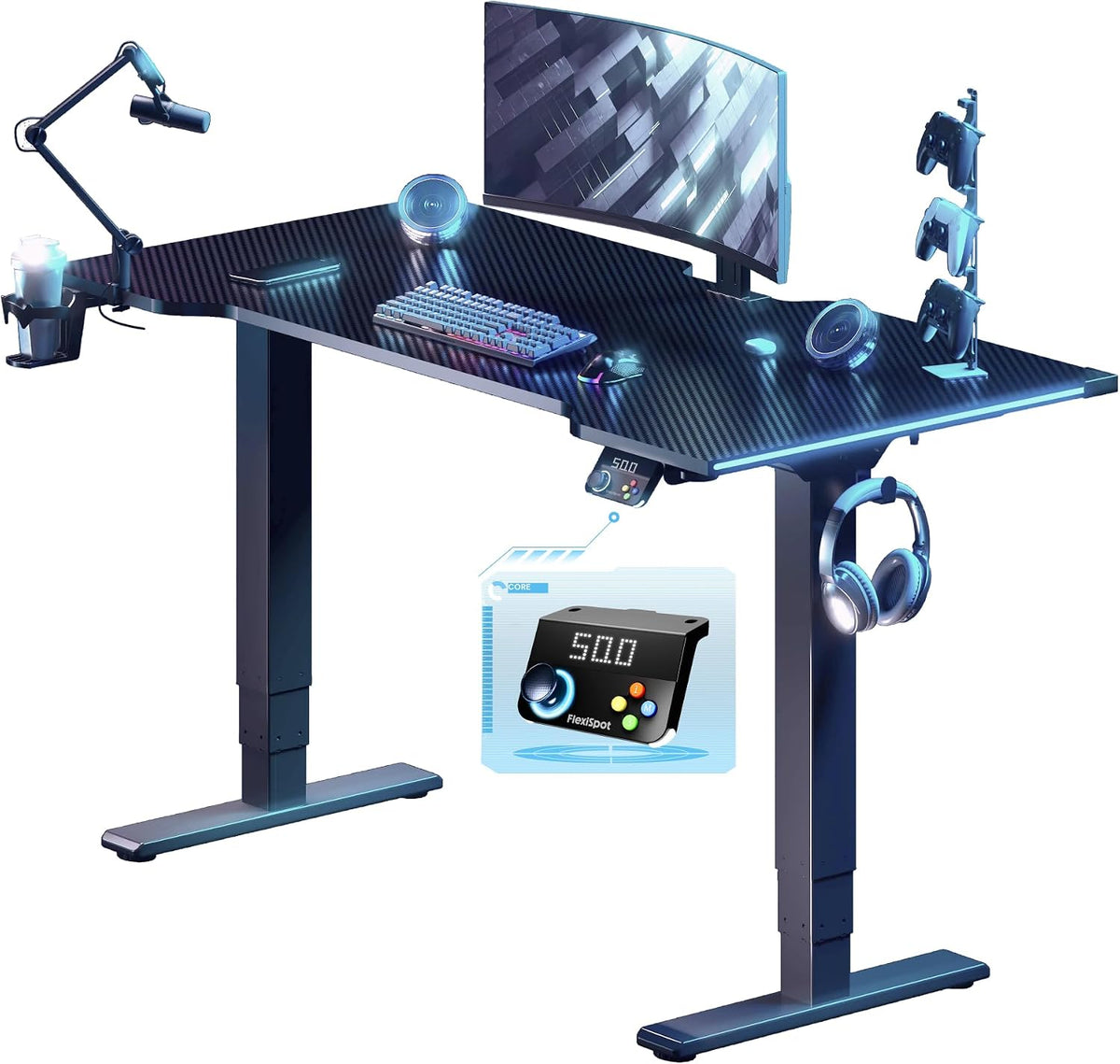 FLEXISPOT E6G CyberX RGB LED Electric Gaming Standing Desk, 55 Inch Dual Motor 3-Stage Adjustable Desk up to 352 lbs, Large Ergonomic Computer Workstation for Gamers, Streamers & Home Studios (Black)