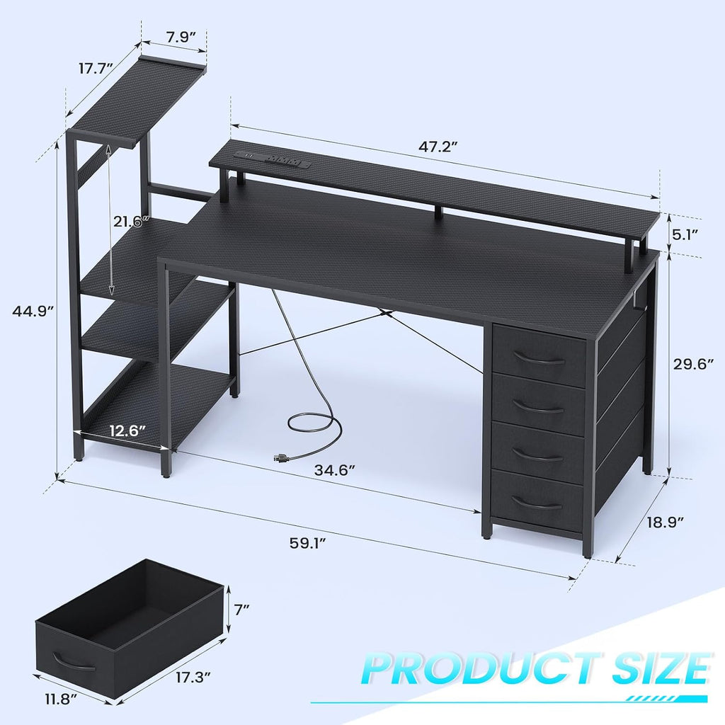 59 Inch Gaming Desk with Power Outlet and LED Lights, Computer Desk with 4 Drawers & Storage Shelves, Reversible Home Office Desk with Monitor Stand for Small Space Bedroom, Carbon Fiber Black