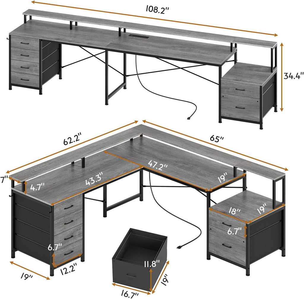SEDETA L Shaped Desk with 6 Drawer, 108' Home Office Desk with File Drawer & Power Outlet, Corner Computer Desk with Monitor Shelf, Two Person Desk, Gaming Desk with Led Lights, Grey