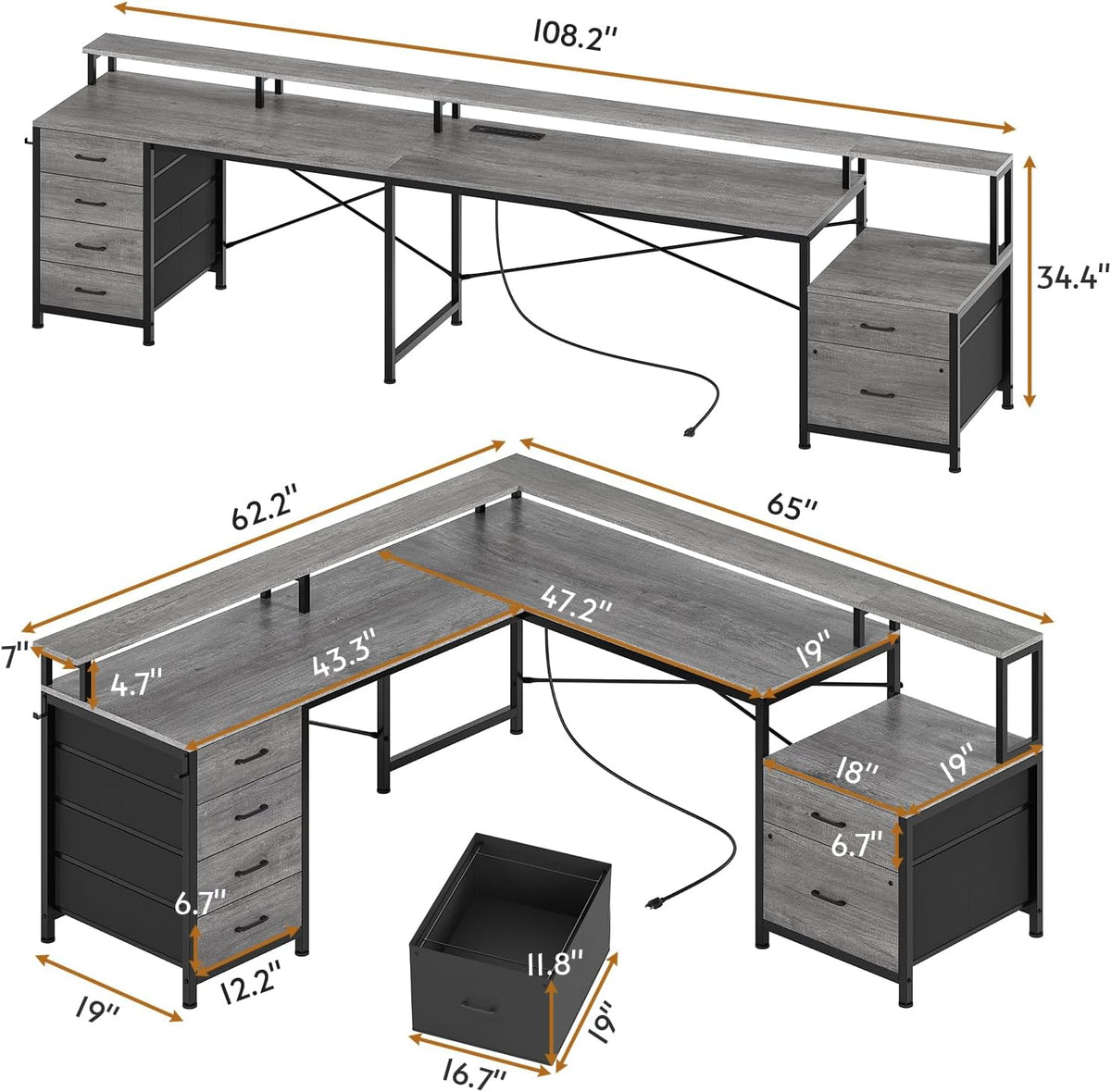 SEDETA L Shaped Desk with 6 Drawer, 108' Home Office Desk with File Drawer & Power Outlet, Corner Computer Desk with Monitor Shelf, Two Person Desk, Gaming Desk with Led Lights, Grey