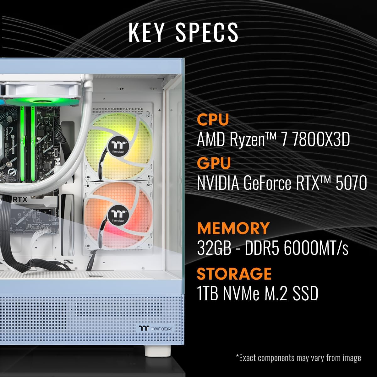 Thermaltake LCGS View 7870H-270 Gaming Desktop (AMD Ryzen™ 7 7800X3D, ToughRam 32GB DDR5 6000MT/s RGB Memory, NVIDIA® GeForce RTX™ 5070, 1TB NVMe M.2, WiFi, Windows 11) V27H-B850-570-LCS