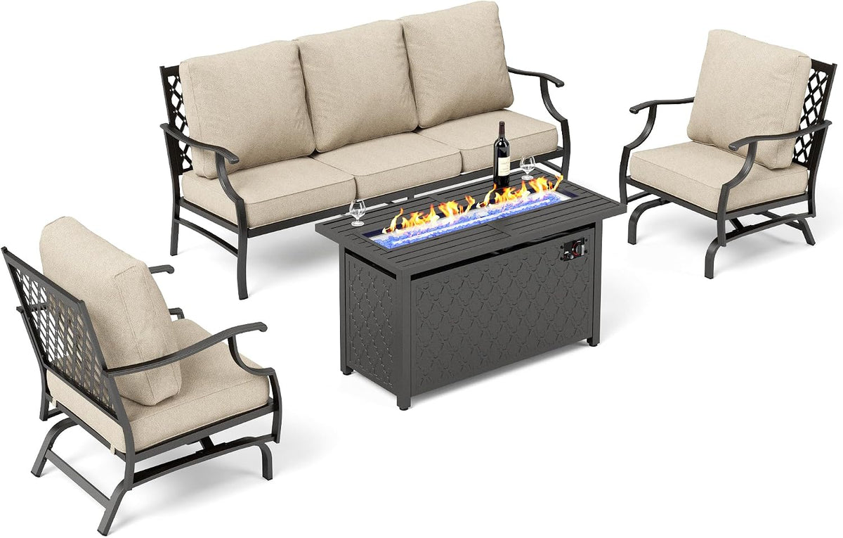 SUNSHINE VALLEY Patio Furniture Set with Firepit Table, 4 Piece Metal Outdoor Patio Furniture, 2 Rocking Chairs and 3 Seater Sofa with 5.75' Extra Thick Cushion and Gas Firepit Table for Backyard Deck