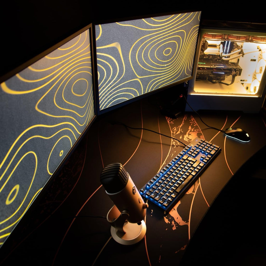 Arozzi Arena Special Edition Ultrawide Curved Gaming and Office Desk with Full Surface Water Resistant Desk Mat Custom Monitor Mount Cable Management Cut Outs - Black Gold