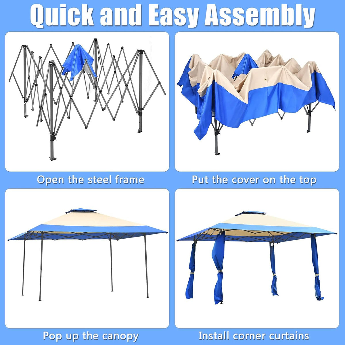 Tangkula 13 x13Ft Pop-Up Gazebo, Outdoor Canopy Shelter Tent w/ 2-Tier Roof, Corner Curtains & 3 Adjustable Heights, Patio Gazebo with 169 Sq.Ft of Shade for Yard, Patio, Beach & Park (Blue)