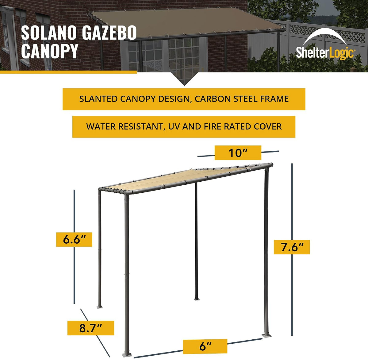 ShelterLogic 10' x 6' Solano Gazebo Canopy Charcoal Carbon Steel Frame and Water-Resistant and Sun Protection Tan Cover