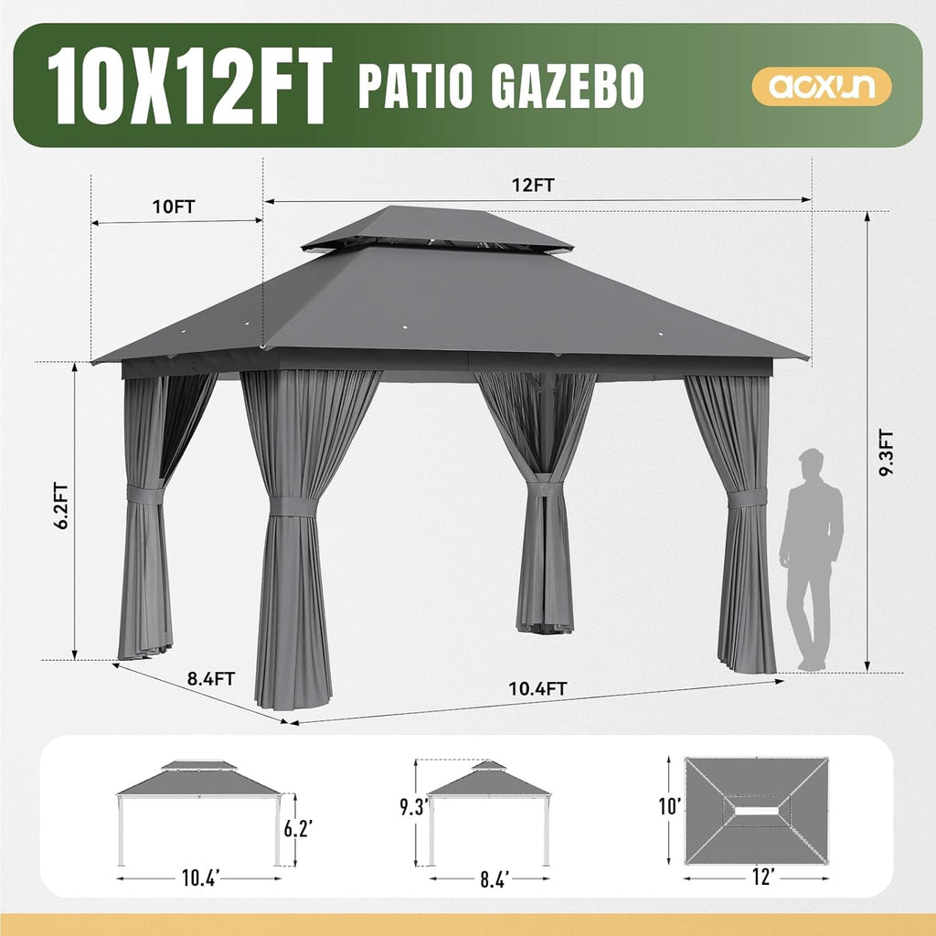 Aoxun Outdoor Gazebo for Patio 10x12, Metal Frame Canopy with Double Roofs, Heavy Duty Party Tent and Shelter with Mosquito Netting and Privacy Screen for Backyard, Lawn, Garden, Deck