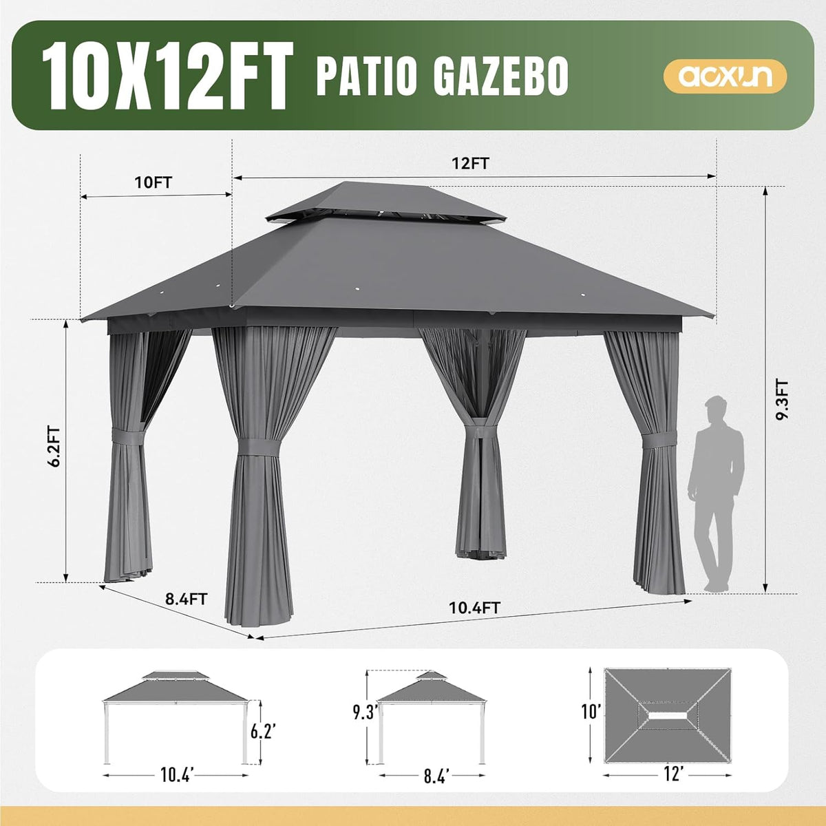 Aoxun Outdoor Gazebo for Patio 10x12, Metal Frame Canopy with Double Roofs, Heavy Duty Party Tent and Shelter with Mosquito Netting and Privacy Screen for Backyard, Lawn, Garden, Deck