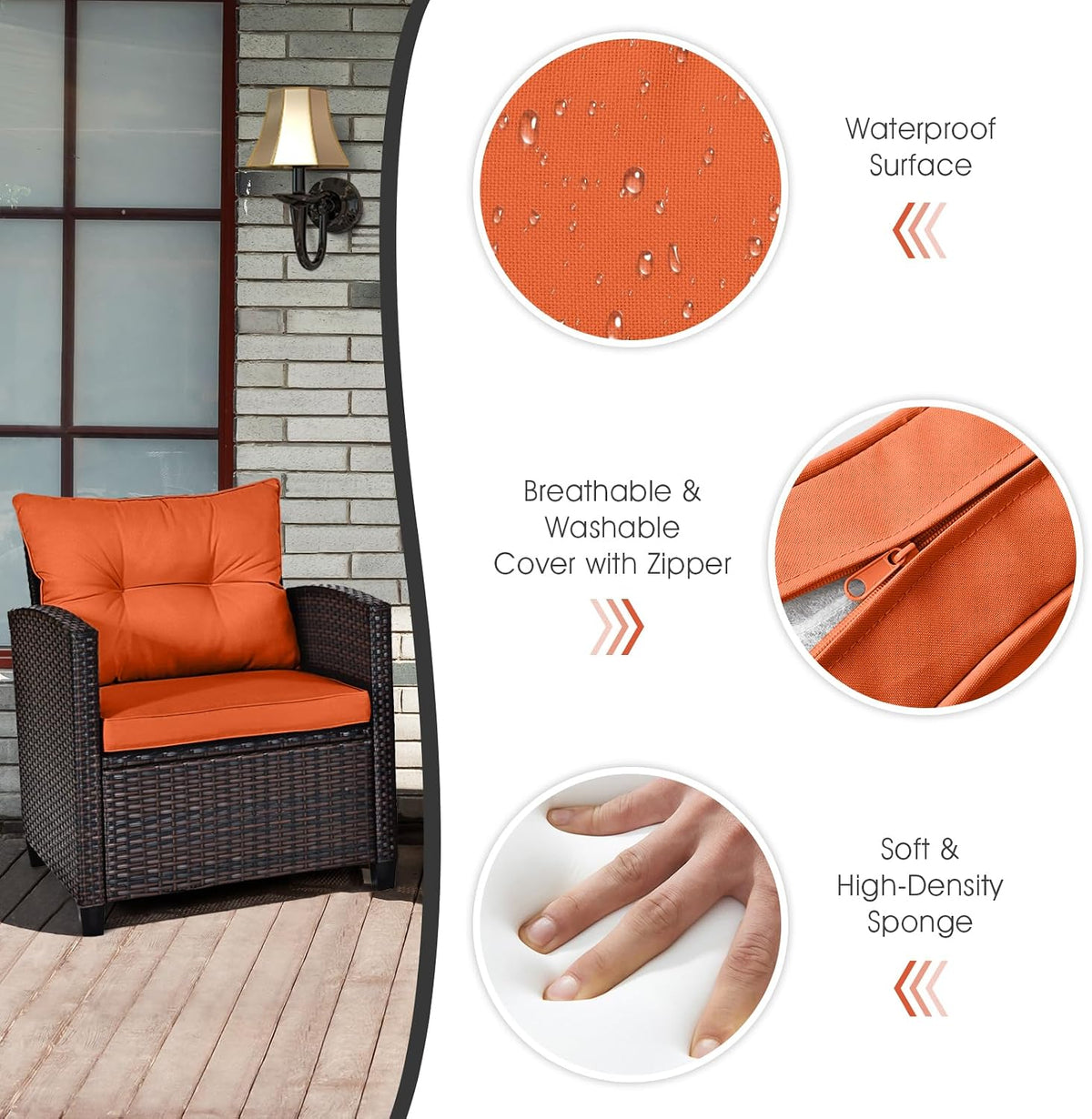 HAPPYGRILL 3 Pieces Patio Conversation Set, Outdoor Furniture Set PE Rattan Sofa Set with Removable Cushions, PE Wicker Chairs with Tempered Glass Side Table for Porch Lawn Garden Balcony Backyard