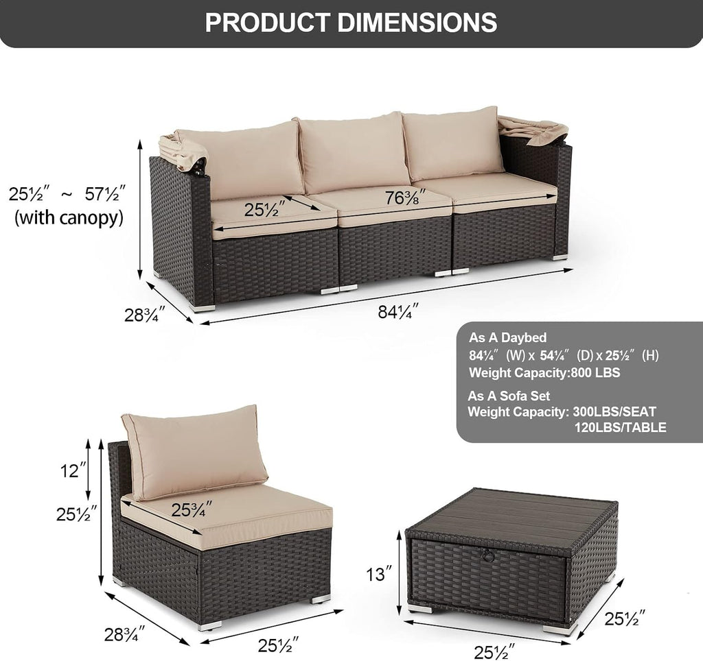 6 Pieces Patio Furniture Sets Outdoor Sectional Sofa Set Rattan Daybed with Retractable Canopy, Adjustable Backrest, Storable Tea Table Rectangle Sunbed for Backyard Garden Poolside(Khaki)