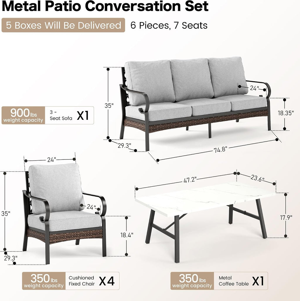 SUNSHINE VALLEY 4 Piece Metal Outdoor Patio Furniture Set, Patio Conversation Sets 1 3-seater Sofa, 2 Chairs with 5.75' Extra Thick Cushion and Coffee Table, Black Frame Backyard Furniture, Light Gray