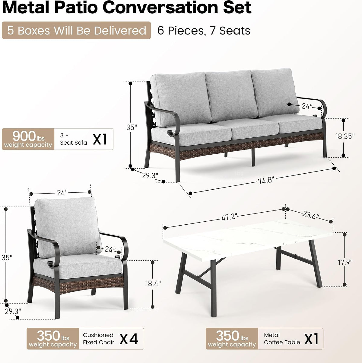 SUNSHINE VALLEY 4 Piece Metal Outdoor Patio Furniture Set, Patio Conversation Sets 1 3-seater Sofa, 2 Chairs with 5.75' Extra Thick Cushion and Coffee Table, Black Frame Backyard Furniture, Light Gray
