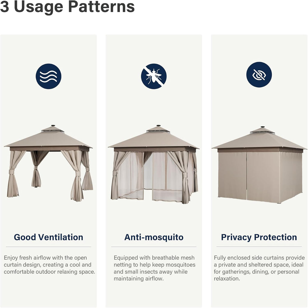 LAUSAINT HOME 10'x10' Outdoor Gazebo with Solar LED Lights, Metal Heavy Duty Patio Canopy Tent Shelter with Double Roofs, Mosquito Nettings and Privacy Screens for Backyard, Garden, Lawn, Khaki