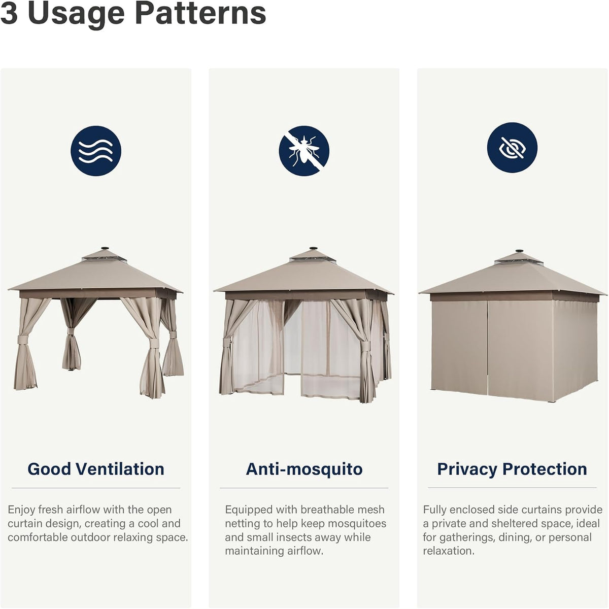 LAUSAINT HOME 10'x10' Outdoor Gazebo with Solar LED Lights, Metal Heavy Duty Patio Canopy Tent Shelter with Double Roofs, Mosquito Nettings and Privacy Screens for Backyard, Garden, Lawn, Khaki