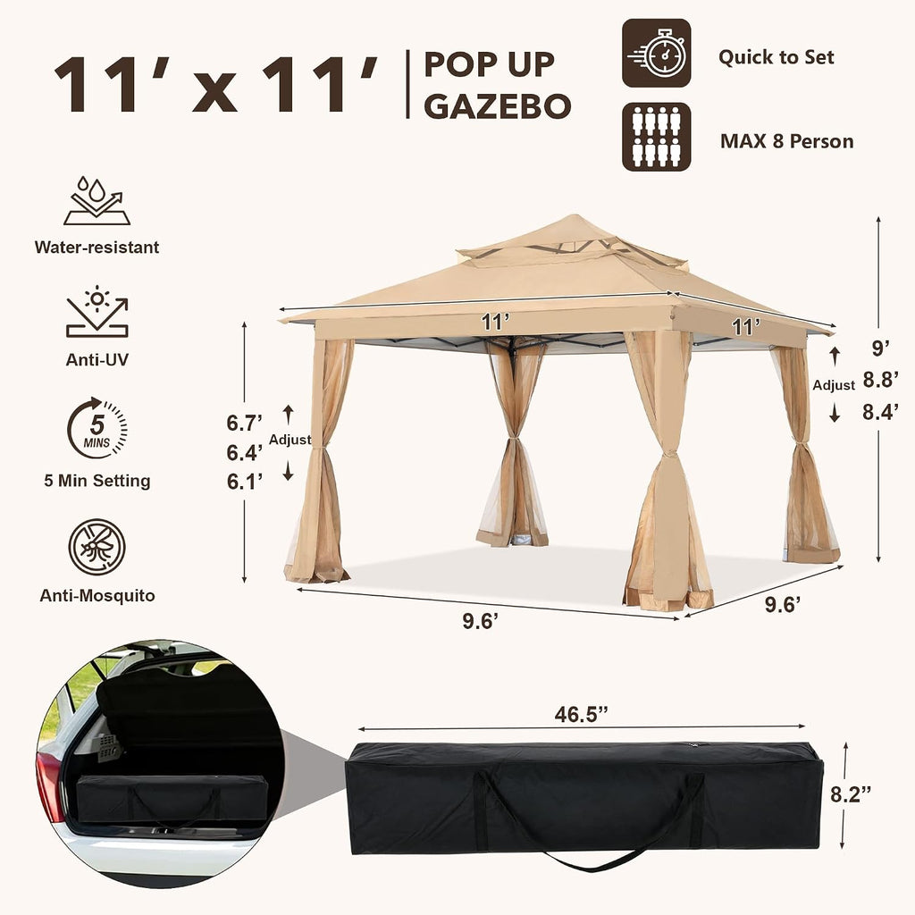 COOSHADE 11x11Ft Easy Pop Up Gazebo Tent Instant Outdoor Canopy Shelter with Mosquito Netting Walls(Khaki)