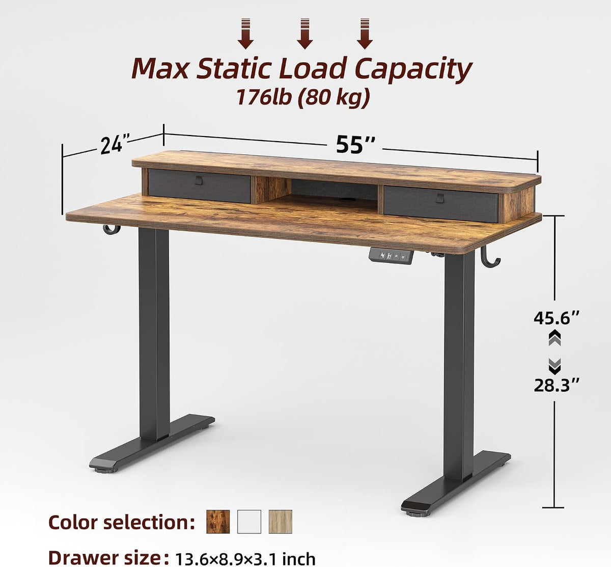 TIQLAB Standing Desk with Two Drawers, Stand Up Standing Desk Adjustable Height, Electric Sit Stand Table with Storage Shelf and Splice Board, 55 * 24 inch, Rustic Brown