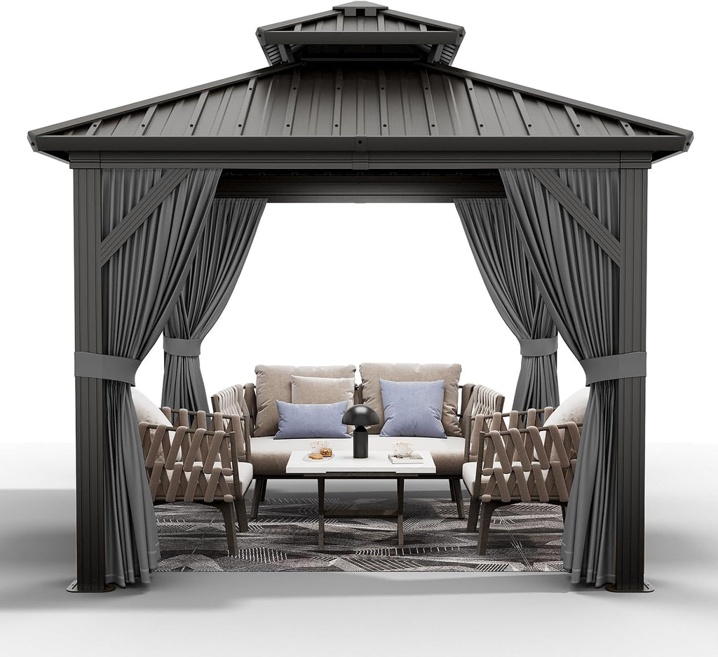 PeakPursuit 10'x10' Hardtop Gazebo, Heavy Duty Aluminum Permanent Hardtop Gazebo Outdoor Pavilion with Curtains and Netting for Garden