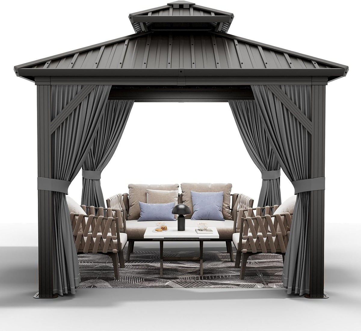 PeakPursuit 10'x10' Hardtop Gazebo, Heavy Duty Aluminum Permanent Hardtop Gazebo Outdoor Pavilion with Curtains and Netting for Garden